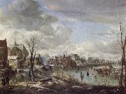Aert van der Neer A Frozen River Near a Village,with Golfers and Skaters oil painting